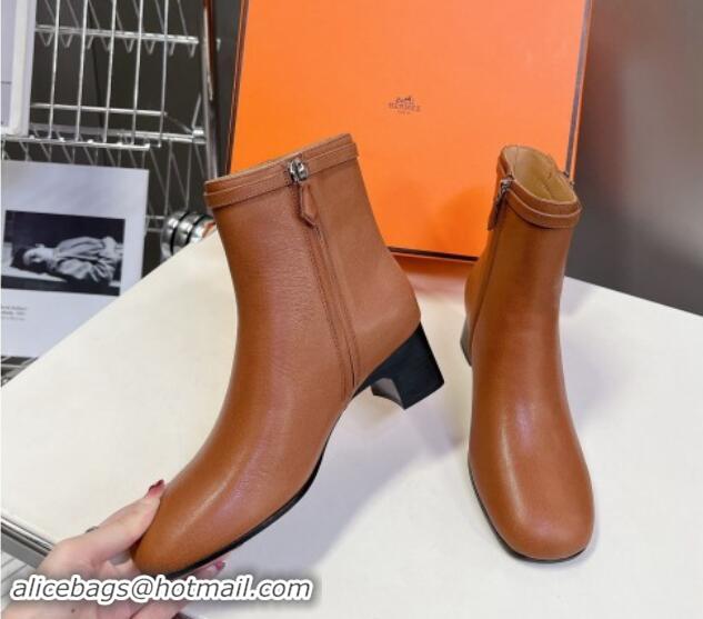 Top Design Hermes Imperial Heel Ankle Boots 5cm in Brown Calfskin with Mini Paris Buckle 907043