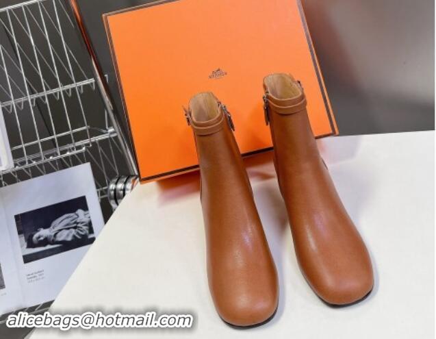 Top Design Hermes Imperial Heel Ankle Boots 5cm in Brown Calfskin with Mini Paris Buckle 907043