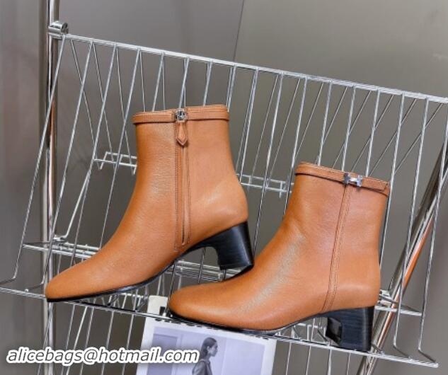 Top Design Hermes Imperial Heel Ankle Boots 5cm in Brown Calfskin with Mini Paris Buckle 907043