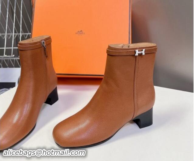 Top Design Hermes Imperial Heel Ankle Boots 5cm in Brown Calfskin with Mini Paris Buckle 907043