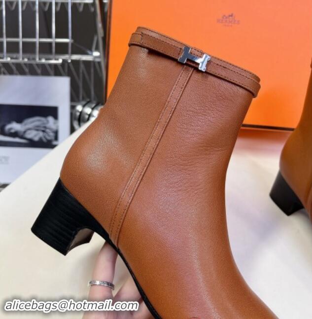 Top Design Hermes Imperial Heel Ankle Boots 5cm in Brown Calfskin with Mini Paris Buckle 907043