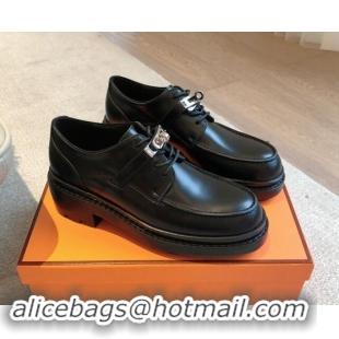 Good Quality Hermes First Lace-up derby shoe in Calfskin with Kelly Buckle Black 907046