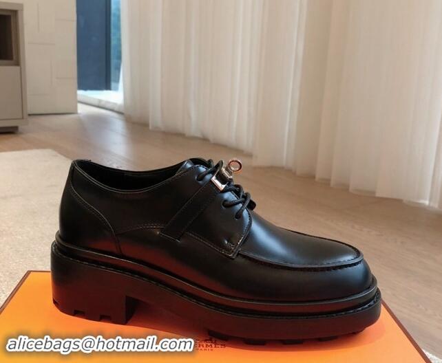 Good Quality Hermes First Lace-up derby shoe in Calfskin with Kelly Buckle Black 907046