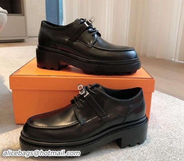 Good Quality Hermes First Lace-up derby shoe in Calfskin with Kelly Buckle Black 907046