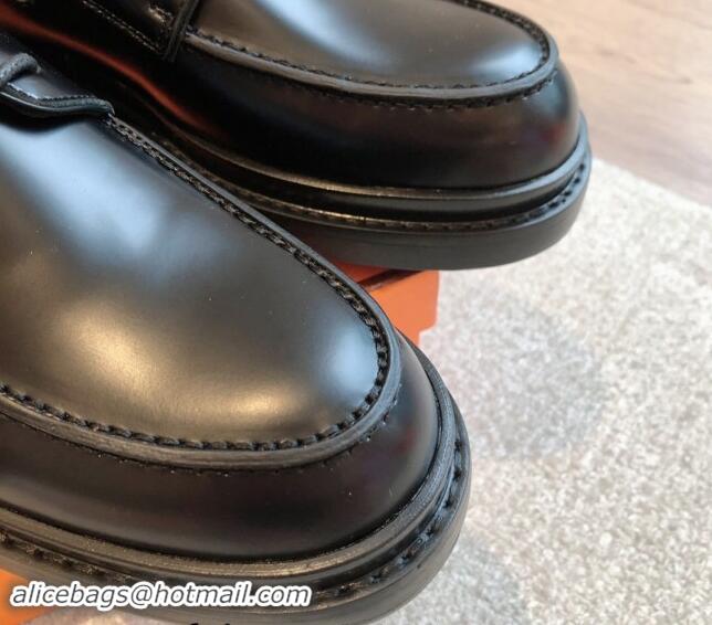 Good Quality Hermes First Lace-up derby shoe in Calfskin with Kelly Buckle Black 907046