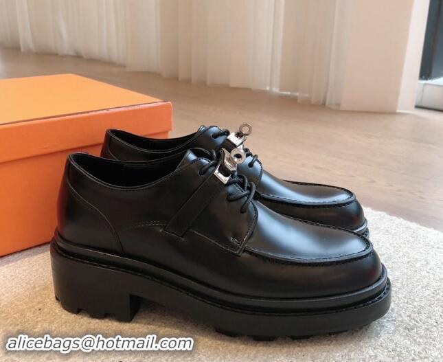 Good Quality Hermes First Lace-up derby shoe in Calfskin with Kelly Buckle Black 907046