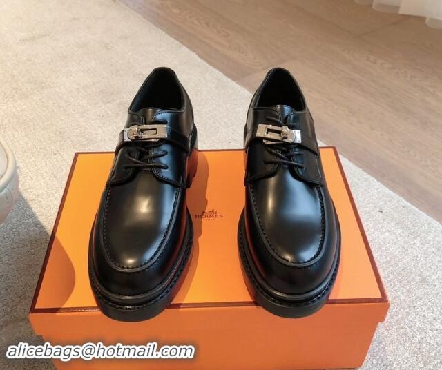 Good Quality Hermes First Lace-up derby shoe in Calfskin with Kelly Buckle Black 907046