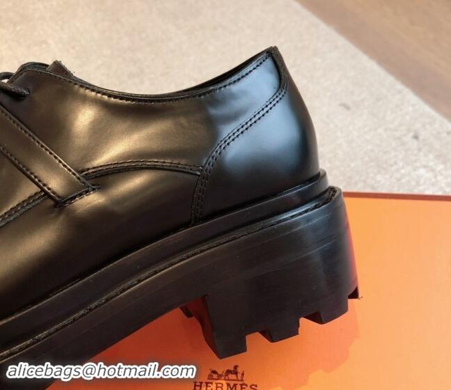 Good Quality Hermes First Lace-up derby shoe in Calfskin with Kelly Buckle Black 907046