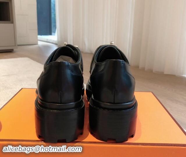 Good Quality Hermes First Lace-up derby shoe in Calfskin with Kelly Buckle Black 907046