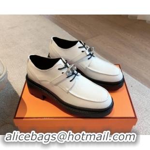 Grade Hermes First Lace-up derby shoe in Palm-Grained Calfskin with Kelly Buckle White 907044 