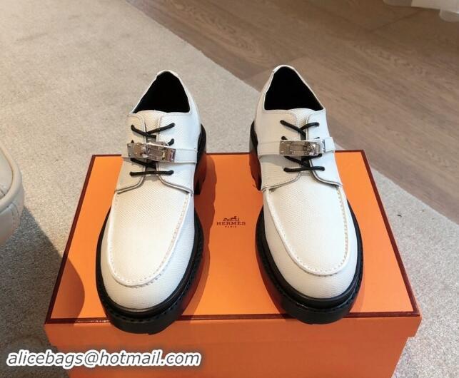 Grade Hermes First Lace-up derby shoe in Palm-Grained Calfskin with Kelly Buckle White 907044 