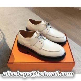 Fashion Luxury Hermes First Lace-up derby shoe in Calfskin with Kelly Buckle Ivory White 907045