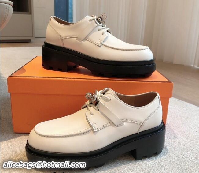 Fashion Luxury Hermes First Lace-up derby shoe in Calfskin with Kelly Buckle Ivory White 907045