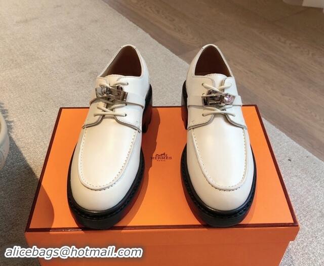 Fashion Luxury Hermes First Lace-up derby shoe in Calfskin with Kelly Buckle Ivory White 907045