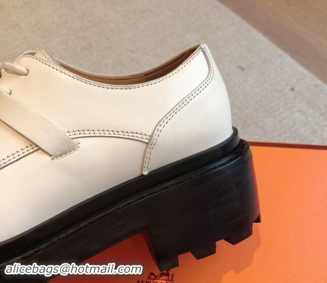 Fashion Luxury Hermes First Lace-up derby shoe in Calfskin with Kelly Buckle Ivory White 907045