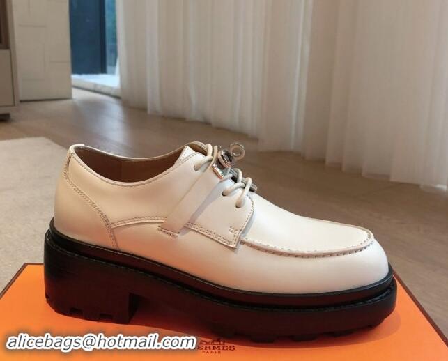 Fashion Luxury Hermes First Lace-up derby shoe in Calfskin with Kelly Buckle Ivory White 907045