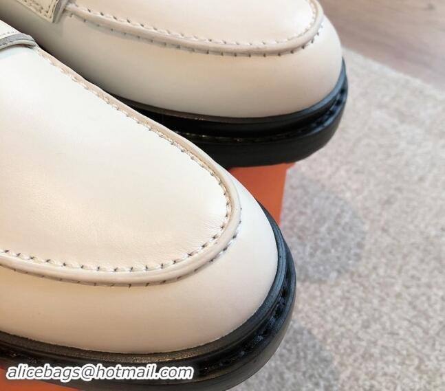 Fashion Luxury Hermes First Lace-up derby shoe in Calfskin with Kelly Buckle Ivory White 907045