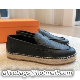 Durable Hermes Trip Espadrilles Flat in Grained Calfskin Black 907048