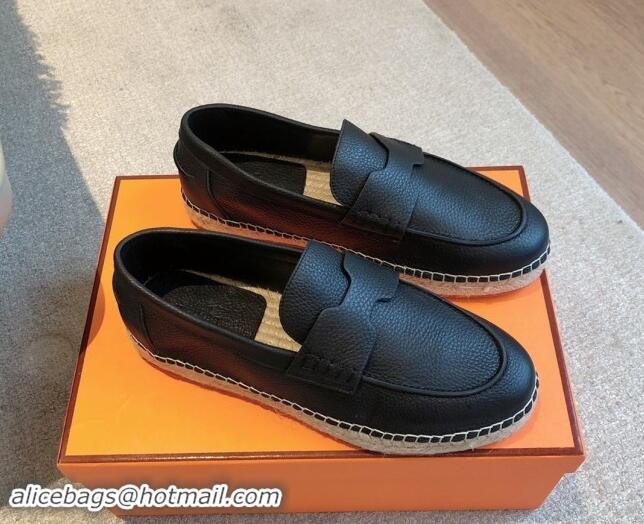 Durable Hermes Trip Espadrilles Flat in Grained Calfskin Black 907048