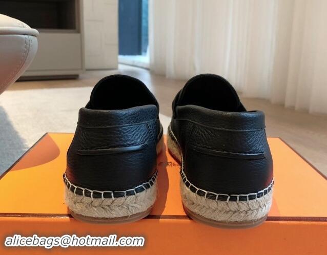 Durable Hermes Trip Espadrilles Flat in Grained Calfskin Black 907048