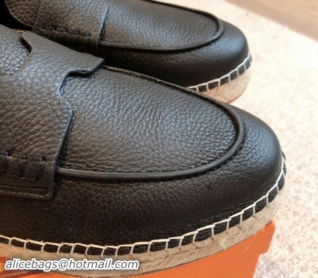 Durable Hermes Trip Espadrilles Flat in Grained Calfskin Black 907048