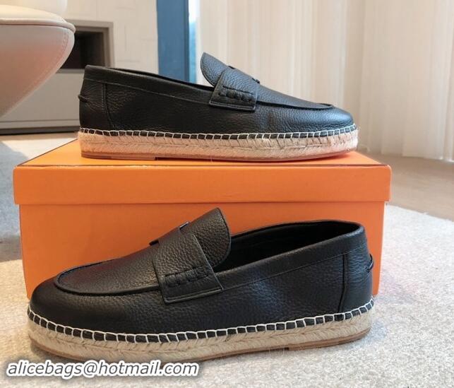 Durable Hermes Trip Espadrilles Flat in Grained Calfskin Black 907048