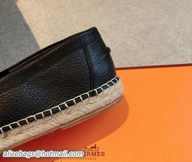 Durable Hermes Trip Espadrilles Flat in Grained Calfskin Black 907048