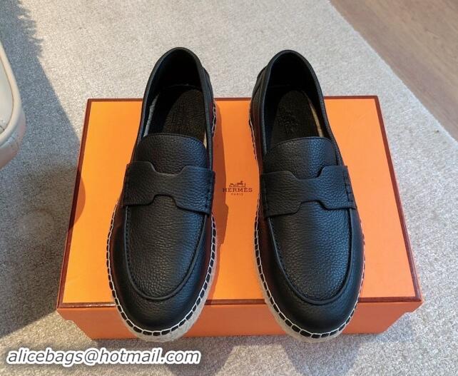 Durable Hermes Trip Espadrilles Flat in Grained Calfskin Black 907048