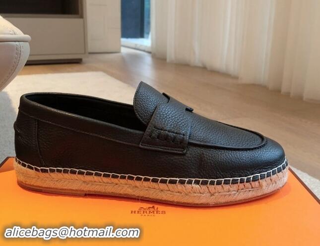 Durable Hermes Trip Espadrilles Flat in Grained Calfskin Black 907048