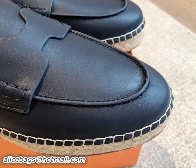 Best Grade Hermes Trip Espadrilles Flat in Calfskin Dark Blue 907051