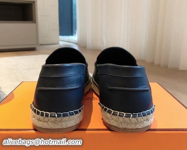 Best Grade Hermes Trip Espadrilles Flat in Calfskin Dark Blue 907051