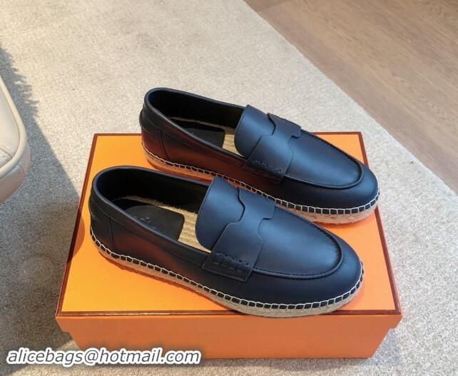 Best Grade Hermes Trip Espadrilles Flat in Calfskin Dark Blue 907051