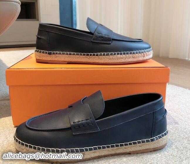 Best Grade Hermes Trip Espadrilles Flat in Calfskin Dark Blue 907051