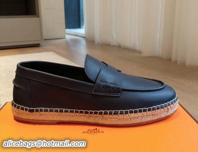 Best Grade Hermes Trip Espadrilles Flat in Calfskin Dark Blue 907051