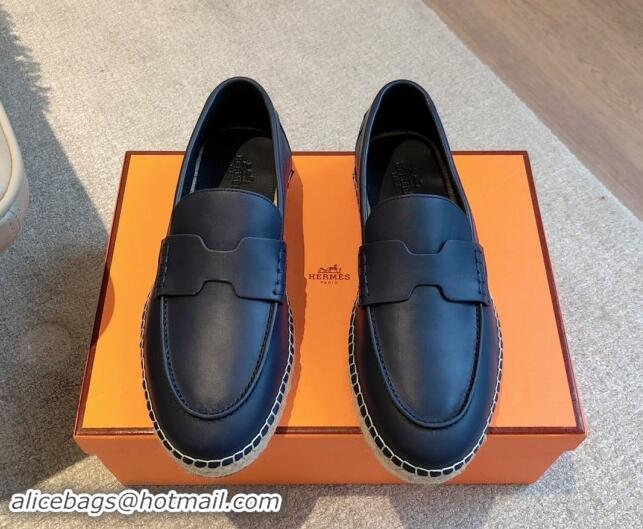 Best Grade Hermes Trip Espadrilles Flat in Calfskin Dark Blue 907051