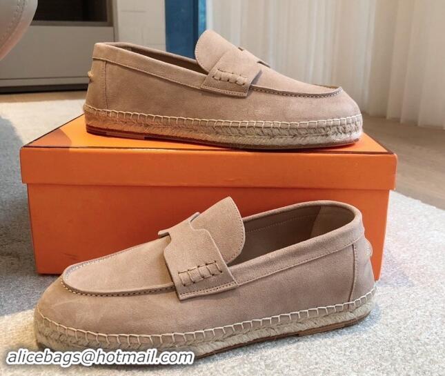 Classic Hot Hermes Trip Espadrilles Flat in Suede Rose Beige 907054