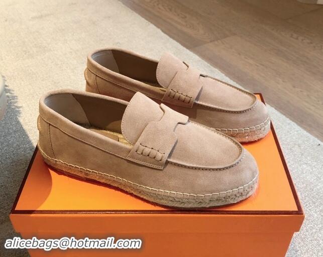 Classic Hot Hermes Trip Espadrilles Flat in Suede Rose Beige 907054