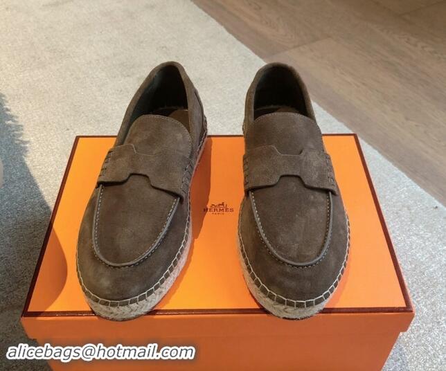 Luxury Cheap Hermes Trip Espadrilles Flat in Suede Dark Grey 907055