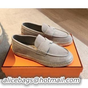 Luxury Hermes Trip Espadrilles Flat in Suede Light Grey 907056