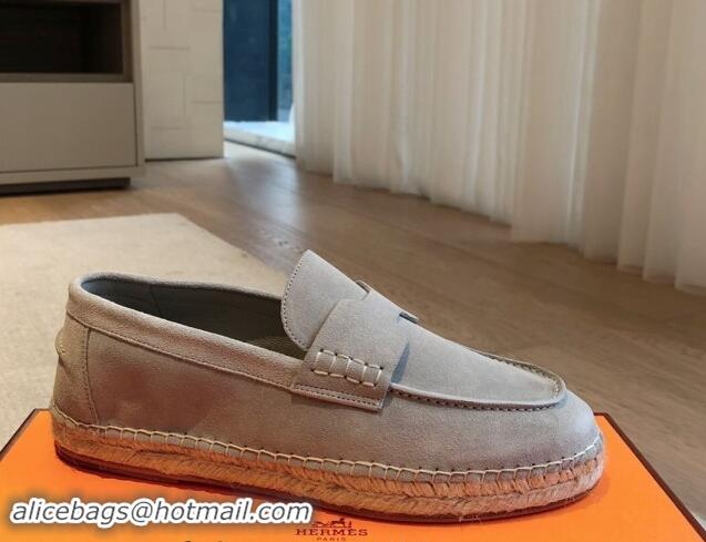 Luxury Hermes Trip Espadrilles Flat in Suede Light Grey 907056