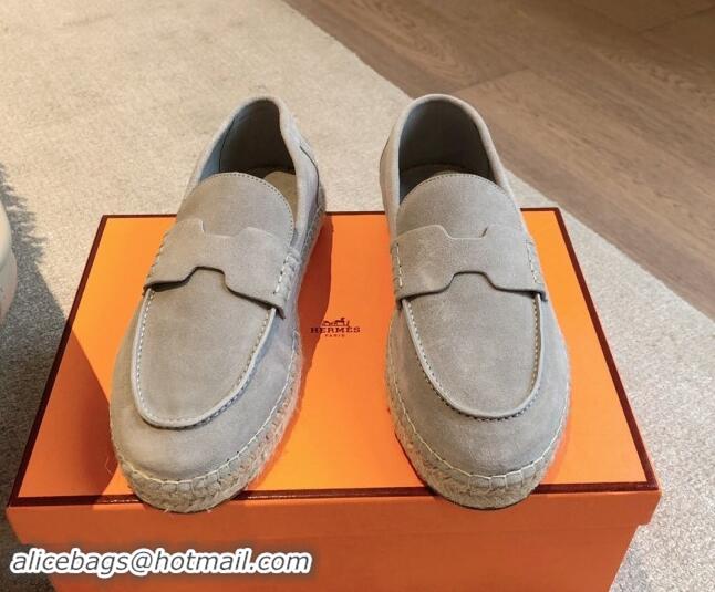 Luxury Hermes Trip Espadrilles Flat in Suede Light Grey 907056