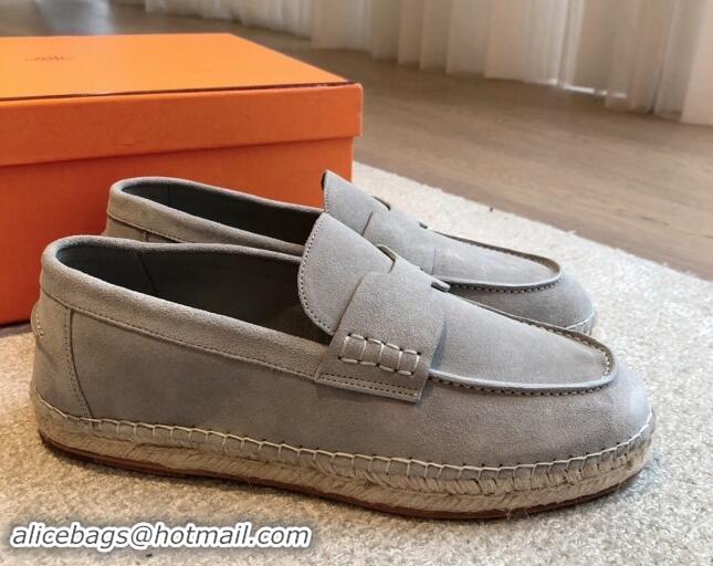 Luxury Hermes Trip Espadrilles Flat in Suede Light Grey 907056