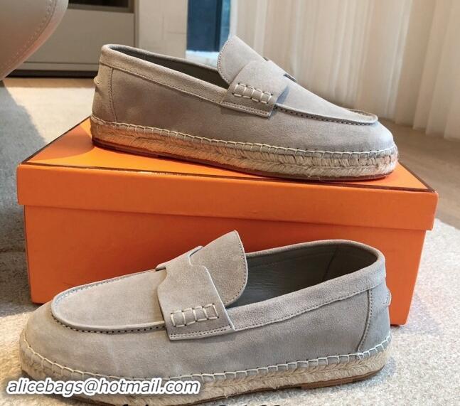 Luxury Hermes Trip Espadrilles Flat in Suede Light Grey 907056