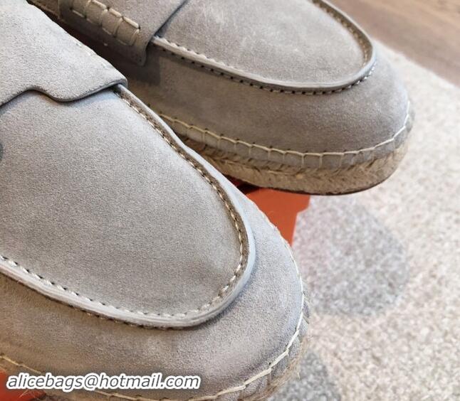 Luxury Hermes Trip Espadrilles Flat in Suede Light Grey 907056