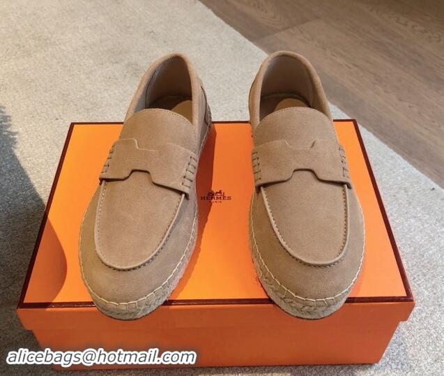 Pretty Style Hermes Trip Espadrilles Flat in Suede Dark Beige 907058