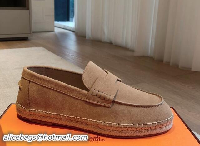 Pretty Style Hermes Trip Espadrilles Flat in Suede Dark Beige 907058