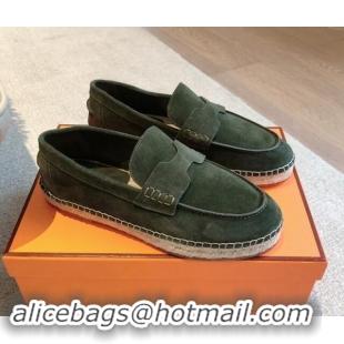 Luxury Discount Hermes Trip Espadrilles Flat in Suede Dark Green 907059