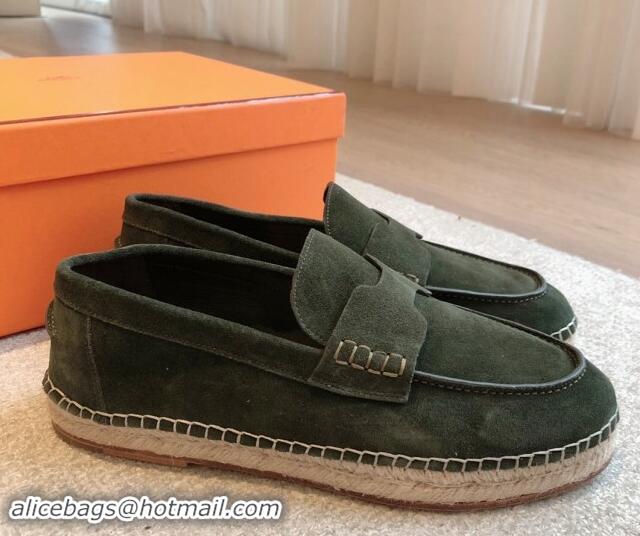 Luxury Discount Hermes Trip Espadrilles Flat in Suede Dark Green 907059