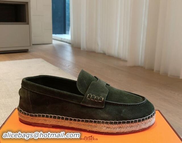 Luxury Discount Hermes Trip Espadrilles Flat in Suede Dark Green 907059