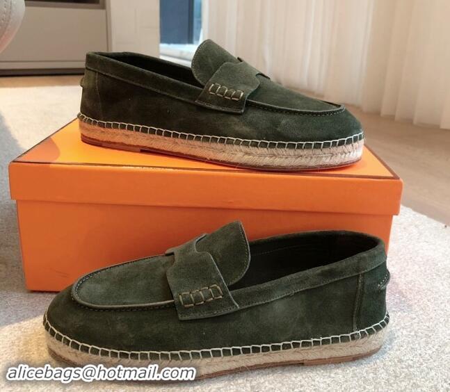 Luxury Discount Hermes Trip Espadrilles Flat in Suede Dark Green 907059